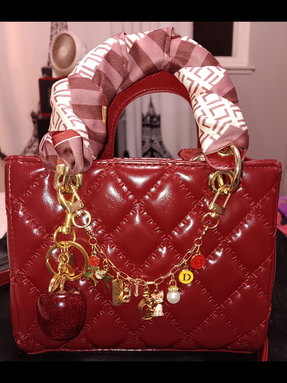Source Unknown Red Quilted Patent Mini Top-Handle Bag with Charm Chain